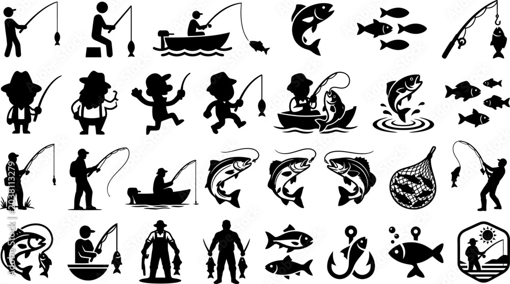 Obraz premium Fisherman vector silhouettes including cartoon characters and realistic fish icons on transparent background for logo design and outdoor recreation advertising themes.
