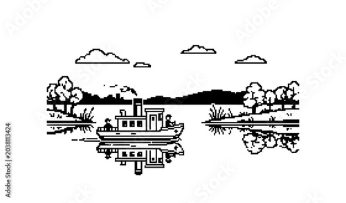 Bilde på lerret Black and White Pixel Art Riverboat Journey Vector Illustration with Retro Dusk