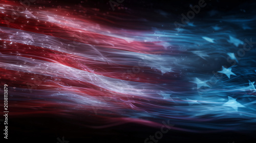 Abstract depiction of the American flag with glowing stars and flowing stripes in vibrant red, white, and blue colors.