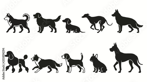 Quadro su tela Diverse collection of purebred dog silhouettes illustrating popular canine compa