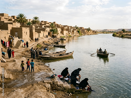 Traditional village beside the Euphrates River with local activities