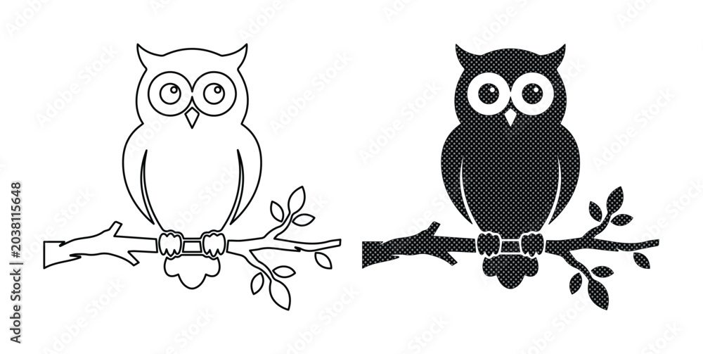 Obraz premium Minimalist Owl Icons, Black and White Vector Silhouettes, Perched on Branch, Woodland Creature Graphics, Simple Bird Art for Nature Themes