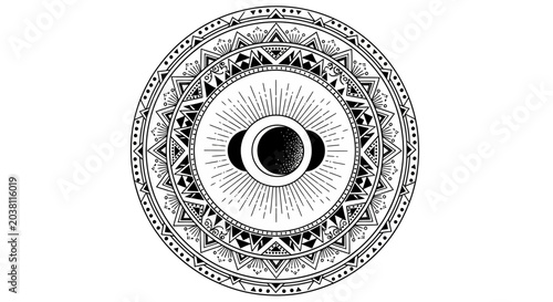 Tableau sur toile Esoteric Mandala with Lunar Phases and Sun Rays, Mystical Symbol
