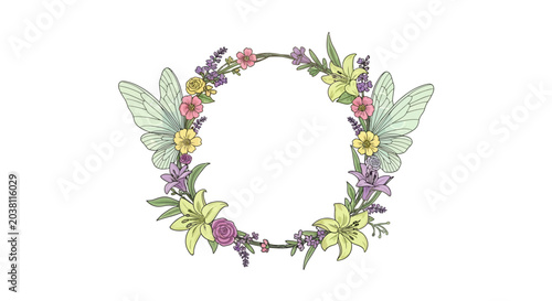 Εκτύπωση καμβά Fairy Wreath with Wings, Flowers, Lavender, Lilies, and Roses