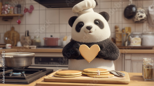 A charming panda bear chef holds a heart-shaped pancake and wears a chef's hat in a cozy, well-lit kitchen.
