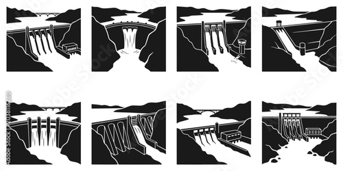 Bild auf Leinwand Mountain river dams and water reservoir vector silhouettes, hydroelectric infras