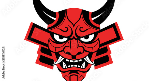 Foto Japanese Oni Mask, Red Demon Face, Samurai Warrior Symbol, Illustration