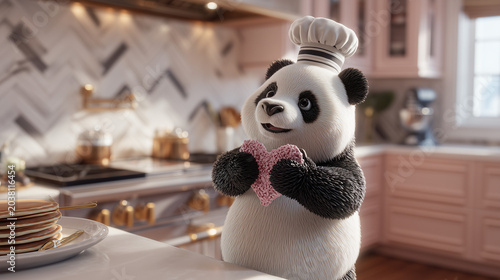 A smiling panda chef holds a pink heart-shaped cookie in a modern, stylish kitchen with a stove and cabinets.