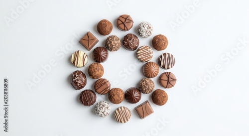 Assorted gourmet chocolate truffles arranged in a circle on a white background.