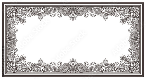 Ornate Vintage Decorative Border Frame, Elegant Flourish Design with Leaf Motifs