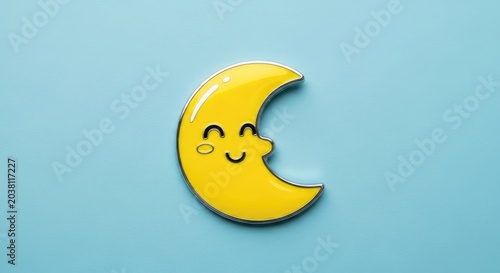 Smiling Yellow Crescent Moon on Blue Background.