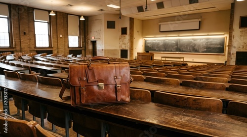 Empty University Lecture Hall with Leather Briefcase