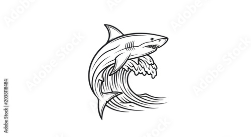 Black and White Shark Illustration Breaking Water.
