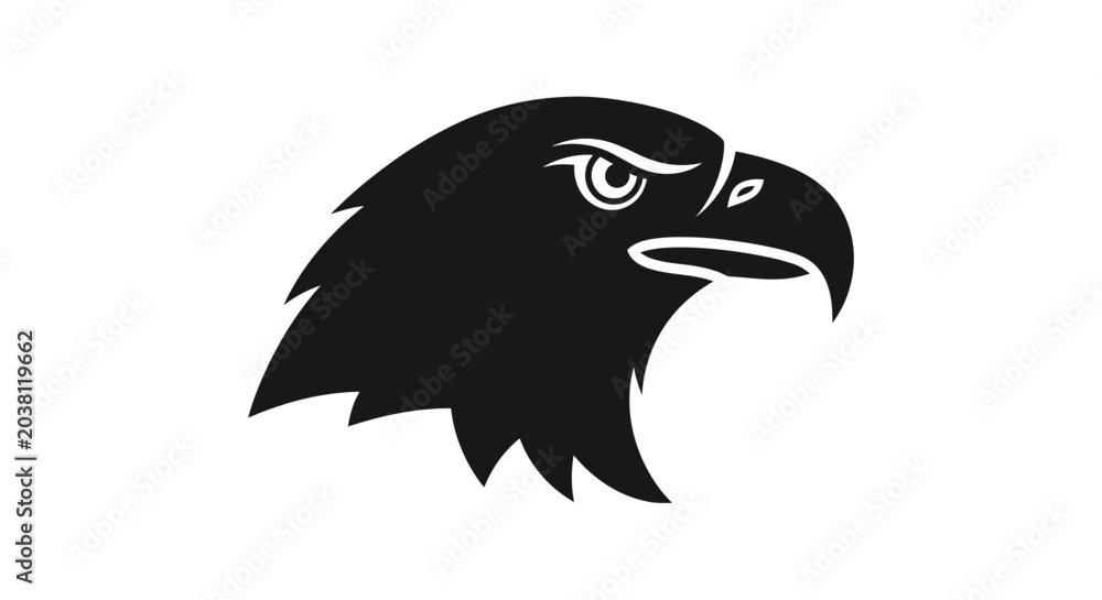 Fototapeta premium Stylized Black Hawk Head Silhouette on White Background, Fierce and Majestic