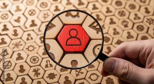Magnifying glass focuses on red human icon amidst wooden puzzle pieces