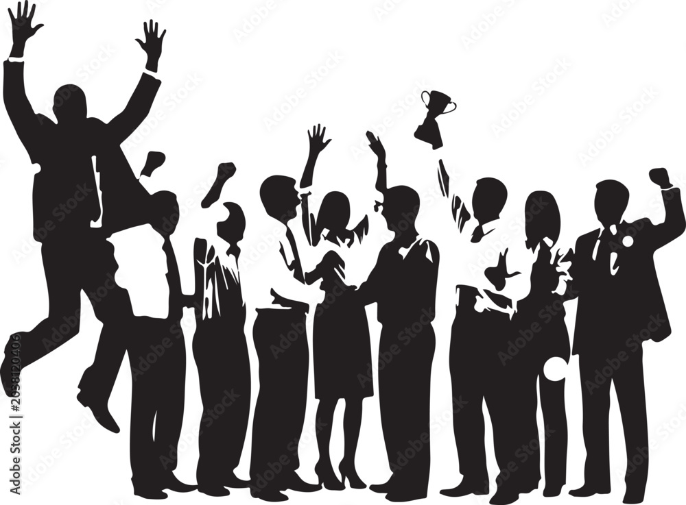 Obraz premium Business people, celebrating success, teamwork silhouettes, black icons, office achievement