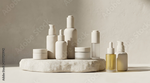 Elegant and minimalist display of natural cosmetic and skincare product bottles and jars on a textured stone, symbolizing pure beauty and self-care rituals