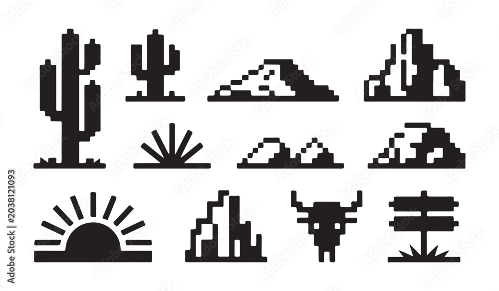 Obraz premium Pixel art western desert landscape elements collection silhouette icons.