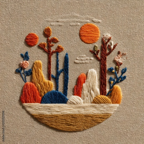 Colorful Embroidery Landscape Art Design