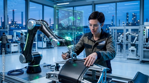 Female engineer working with an automated robotic arm on carbon fiber assembly in a smart factory for Industry 4.0 manufacturing, advanced robotics tech, and AI automation.