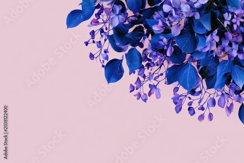 Violet hydrangea petals cascading from the top corner onto a minimalist pastel pink background for cosmetic branding and floral stationery design