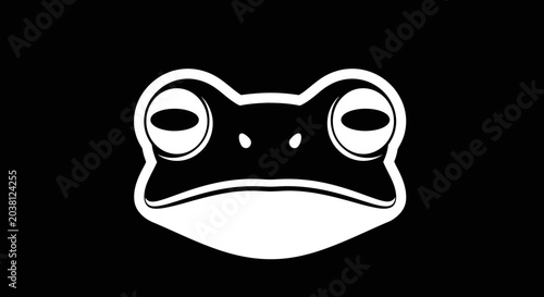 Minimalist white frog face illustration on black background, simple graphic design