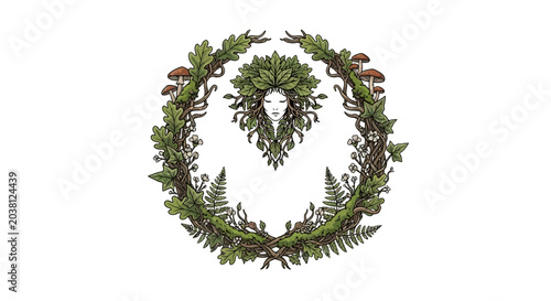 Photos Mythical Nature Spirit Face within Forest Wreath with Mushrooms and Flowers