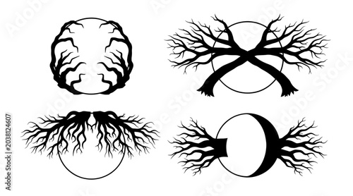 Photos Set of Four Spooky Black Tree Branch Silhouettes with Circular Frames for Hallow