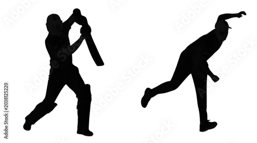 Foto Two black silhouette figures show a cricketer batting and a bowler in action, perfect for sports, fitness, or action-themed projects