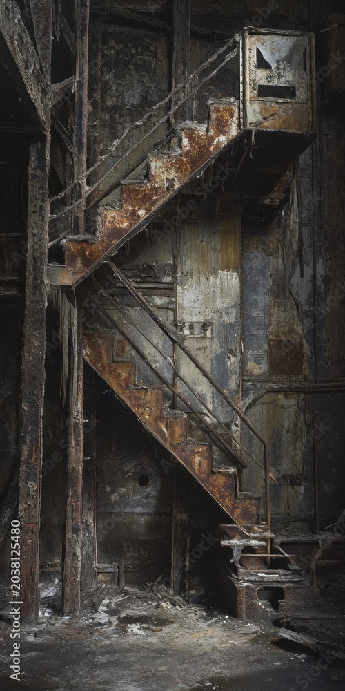 Naklejka premium Rustic, decaying metal staircase in an abandoned industrial building.