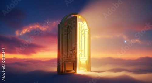 Golden door in cloudy sky.
