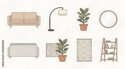 sofa icon, floor lamp, house plant, wall mirror, area rug, bookshelf, home decor icons, furniture icon, flat vector, icon set, minimal design, clean icon, isolated elements, symbol set, interior icons