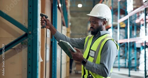 Logistics, tablet and warehouse worker with barcode reader for inventory, freight error and confused. Radio, man and shipping engineer talk for cargo scanner glitch, stock problem and order mistake
