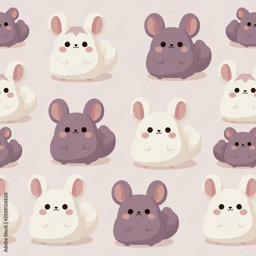 Fototapeta premium A seamless pattern features cute white and purple chinchillas sitting in rows on a simple light background