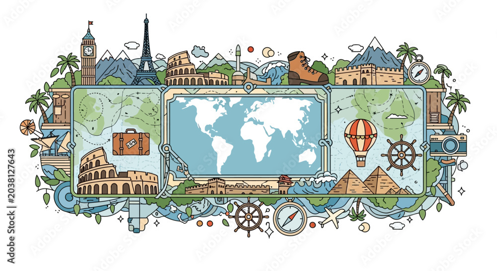 Obraz premium Travel and Adventure around the World: Iconic Landmarks and Exploration Map