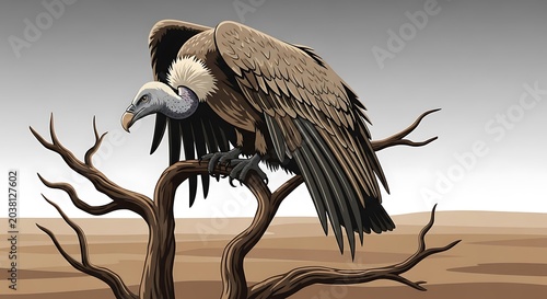 Majestic Vulture Perched on Gnarled Branch in Desert Landscape
