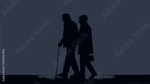 Elderly Couple Silhouette Walking Together Side by Side in Dark Background