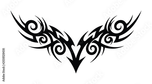 Tribal tattoo vector illustration, symmetrical black ink wing design, decorative sharp swirl ornament for body art and graphic branding