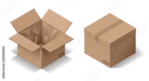 Open Cardboard Box and Closed Box on White Background