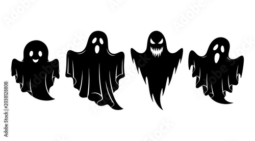 Canvas Print Four black ghost silhouettes with varied expressions, isolated on white backgrou