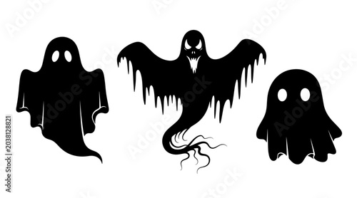 Фотография Three Spooky Halloween Ghost Silhouettes on White Background, Vector Illustratio