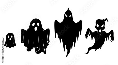 Foto Collection of four black Halloween ghost silhouettes with varied spooky expressi