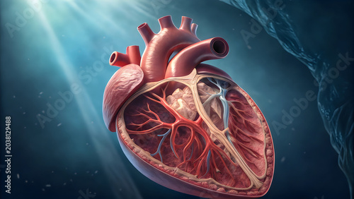 Anatomical illustration of the human heart with visible internal structures