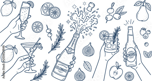 Foto Hand drawn celebration party drinks elements popping champagne bottle cocktail g