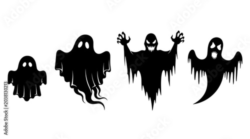 Quadro su tela Four Black Silhouette Halloween Ghosts with Spooky Faces and Tattered Edges on W