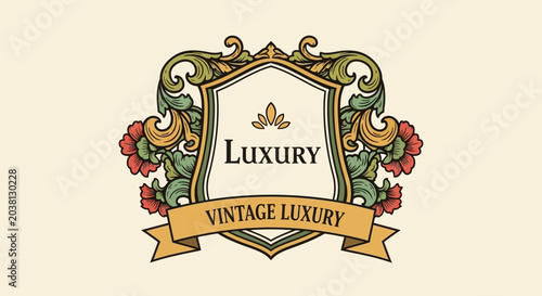 Vintage Luxury Emblem Crest with Floral Ornaments and Banner