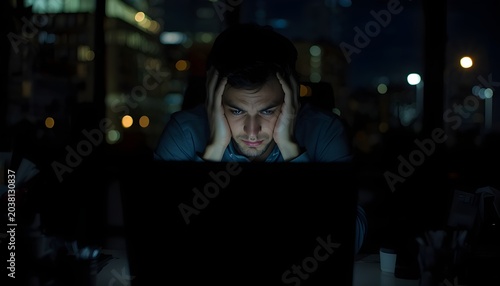Tired office worker sits alone at night staring at laptop screen