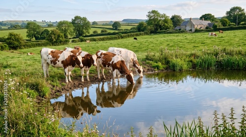 Group of dairy cows drinking from pond and reflected in water in green pastoral countryside near farm
