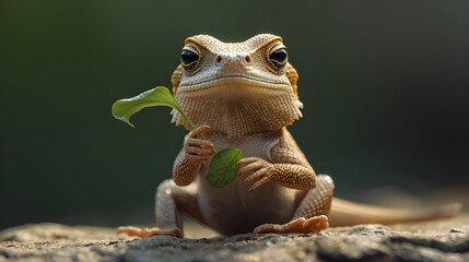 A serene lizard portrait with a leaf, sitting on a rock, embodying wildlife, conservation, and eco-tourism concepts, captured in a realistic, tropical setting.