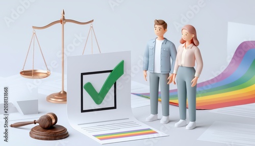 3D illustration of justice and equality with rainbow symbolism representing LGBTQ rights.